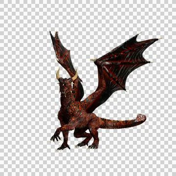 3D rendering of a mythical red skinned dragon walking with wings raised isola Stock Illustration