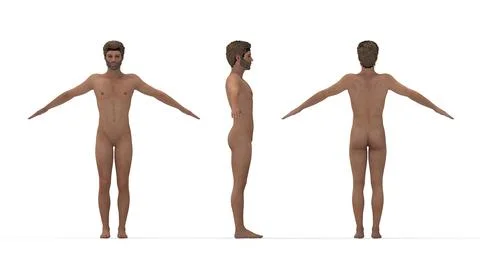 3D rendering of a naked man human being standing and posing with his arms wide Stock Illustration