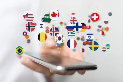 3D rendering of National flags of the world on a hand holding a mobile phone Stockfoto's