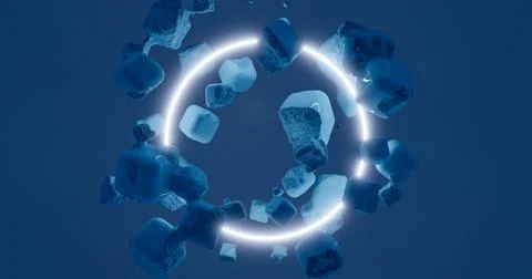 3d rendering. A neon circle of blue light among dilapidated cubes of stone. A Stock Illustration
