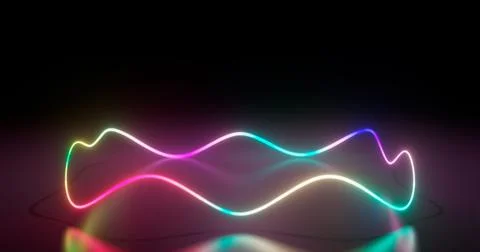 3d rendering. Neon curves in the form of geometric shapes on a black backgrou Stock Illustration