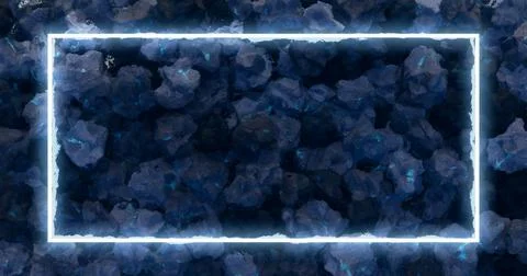 3d rendering. Neon frame in blue on a background of scattered stones. Stock Illustration