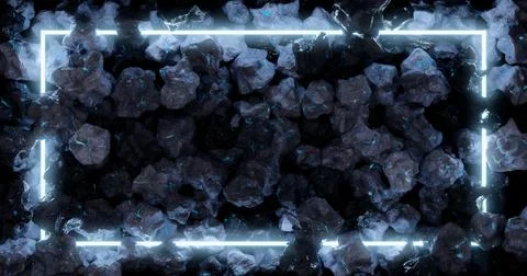 3d rendering. Neon frame in blue on a background of scattered stones. Graphic Stock Illustration