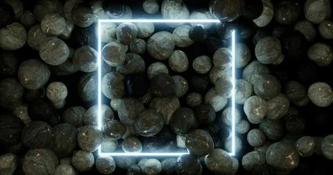 3d rendering. Neon frame in blue on a background of scattered stones. Graphic Stock Illustration