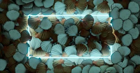 3d rendering. A neon frame in a blue glow against the background of open seas Stock Illustration