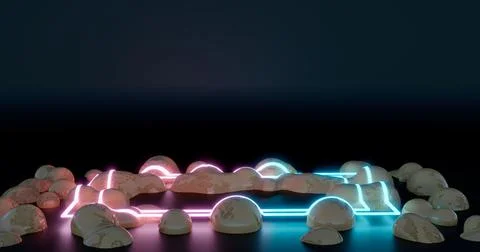 3d rendering. A neon frame illuminates the partially destroyed stone spheres. Stock Illustration