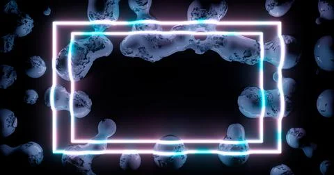 3d rendering. A neon frame illuminates the partially destroyed stone spheres. Stock Illustration