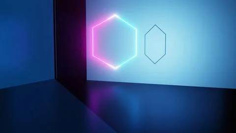 3d rendering neon glow in abstract flat concrete floor room Stock Photos