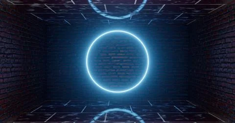 3d rendering. A neon glowing circle or a hoop against the background of a bri Stock Illustration