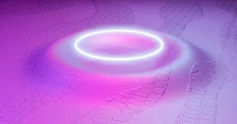 3d rendering. Neon hoop on the surface of the magenta. Abstract geometric sha Illustrazione stock