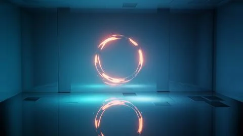 3D rendering. Neon light flows in abstract concrete floor room. Stock Photos