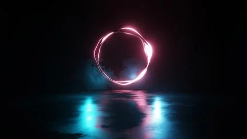3D rendering. Neon light flows in abstract concrete floor room. Stock Photos