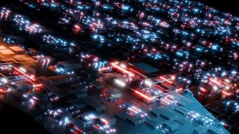 3D rendering of neon light pipe glowing in dark circuit board, abstract bac.. Stock Illustration