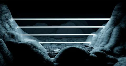 3d rendering. Neon lines of blue cold light stretching across the rocks. Back Stock Illustration