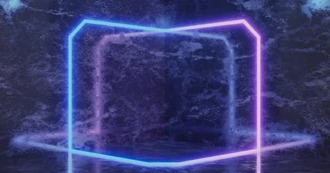 3d rendering. A neon rectangle or square of light blue color in a dark room. Stock Illustration