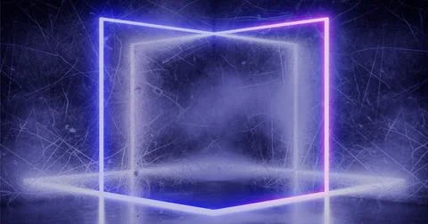 3d rendering. A neon rectangle or square of light blue color in a dark room. Stock Illustration