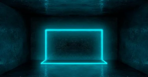 3d rendering. A neon rectangle or square of light blue color in a dark room. Stock Illustration