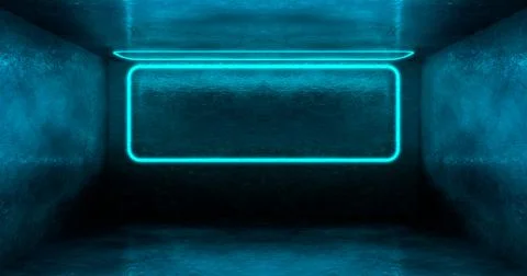 3d rendering. A neon rectangle or square of light blue color in a dark room. Stock Illustration