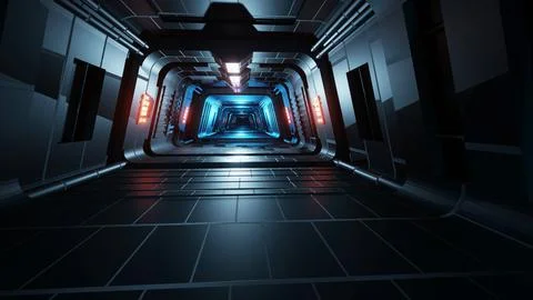3D rendering Neon tunnel hall in an empty abstract futuristic dark room. Stock Photos
