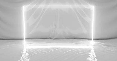 3d rendering. Neon white light frame on glossy fabric or film background Stock Illustration