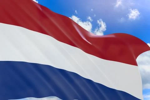3D rendering of Netherlands flag waving on blue sky background Stock Photos