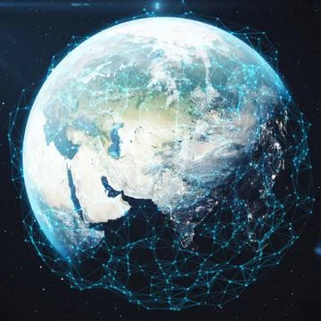 3D rendering Network and data exchange over planet earth in space. Connection Stock Illustration