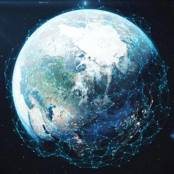 3D rendering Network and data exchange over planet earth in space. Connection Stock Illustration
