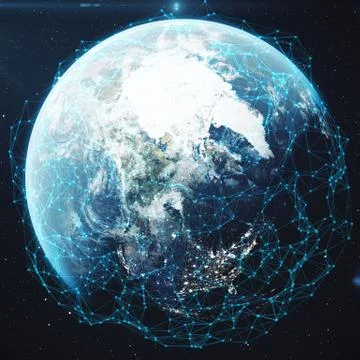 3D rendering Network and data exchange over planet earth in space. Connection Illustrazione stock