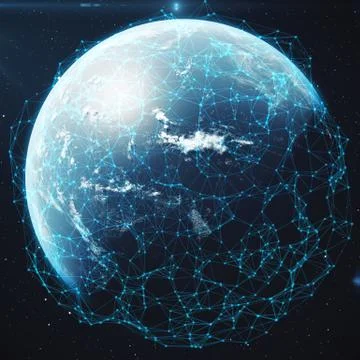 3D rendering Network and data exchange over planet earth in space. Connection Stock Illustration