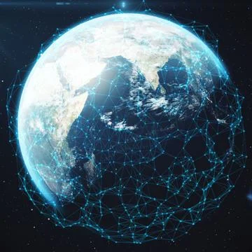 3D rendering Network and data exchange over planet earth in space. Connection Stock Illustration