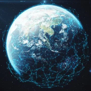 3D rendering Network and data exchange over planet earth in space. Connection Stock Illustration