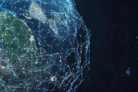 3D rendering Network and data exchange over planet earth in space. Connection Stock Illustration