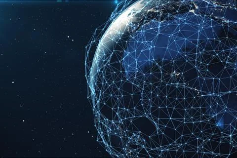 3D rendering Network and data exchange over planet earth in space. Connection Stock Illustration