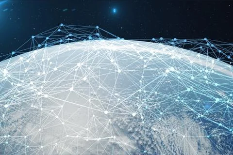 3D rendering Network and data exchange over planet earth in space. Connection Illustrazione stock