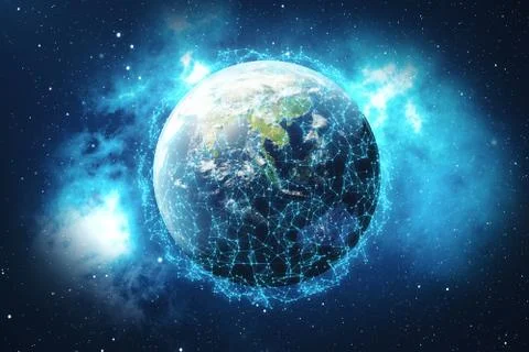 3D rendering Network and data exchange over planet earth in space. Connection Stock Illustration