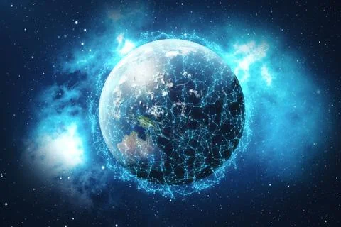 3D rendering Network and data exchange over planet earth in space. Connection Illustrazione stock