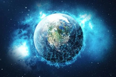 3D rendering Network and data exchange over planet earth in space. Connection Stock Illustration