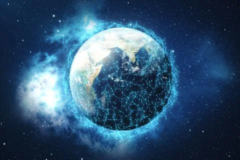 3D rendering Network and data exchange over planet earth in space. Connection Illustrazione stock