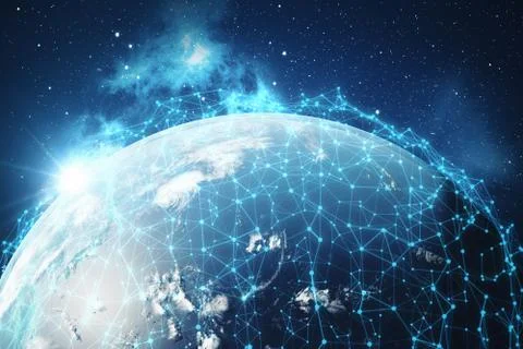 3D rendering Network and data exchange over planet earth in space. Connection Stock Illustration
