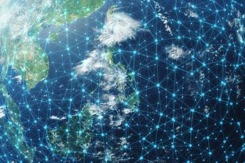 3D rendering Network and data exchange over planet earth in space. Connection 스톡 일러스트