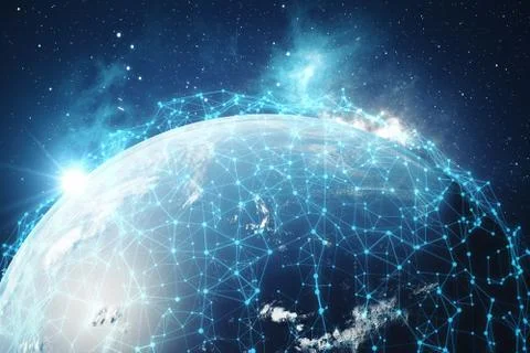 3D rendering Network and data exchange over planet earth in space. Connection Stock Illustration