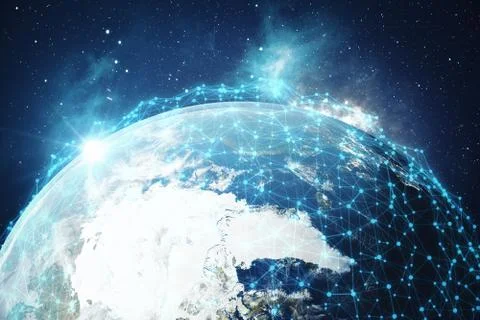 3D rendering Network and data exchange over planet earth in space. Connection Stock Illustration