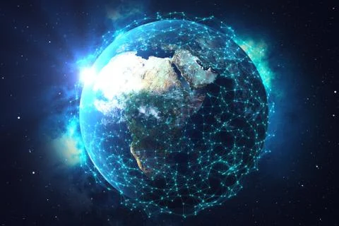 3D rendering Network and data exchange over planet earth in space. Connection Stock Illustration