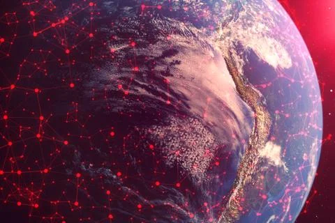 3D rendering Network and data exchange over planet earth in space. The concept Stock Illustration