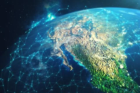 3D rendering Network and data exchange over planet earth in space. Connection Illustrazione stock