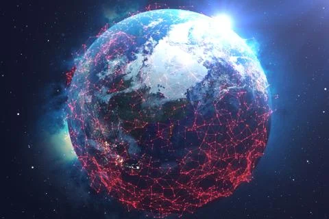 3D rendering Network and data exchange over planet earth in space. The concept Stock Illustration