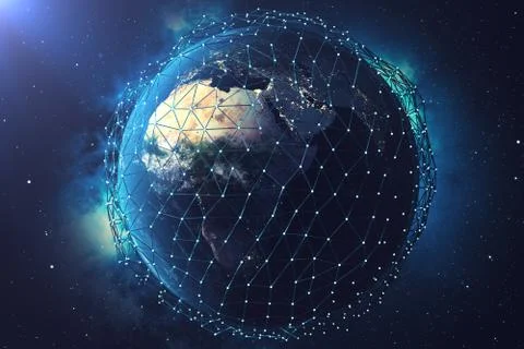3D rendering Network and data exchange over planet earth in space. Connection Stock Illustration