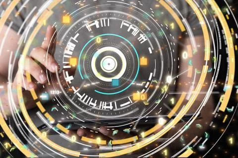 3D rendering of network code data with a real person reaching to it 스톡 일러스트