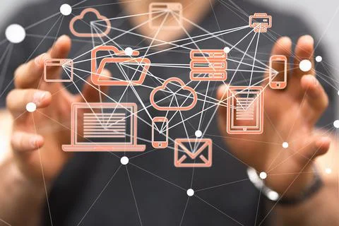 3D rendering of a network of digital elements Stock Photos