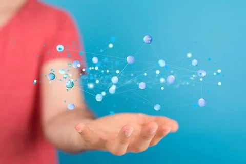 A 3D rendering of a network of dots on a person's palm - Digital Network and  Stock Photos